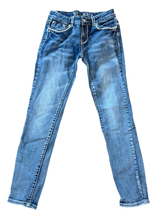 Miss Chic Denim - Vintage Y2K Miss Chic Womens Embellished Skinny Jeans Size 7 Blue Denim Style MC